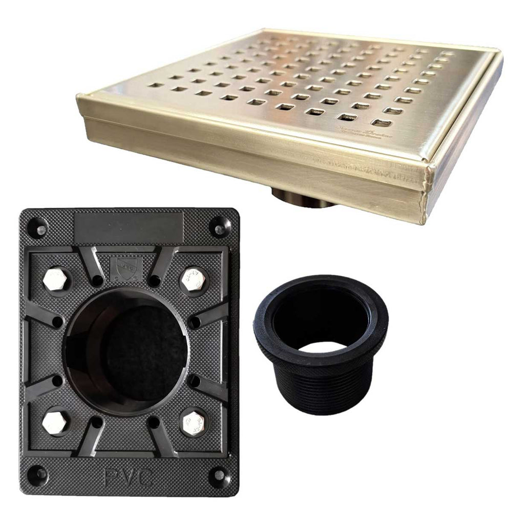 SereneDrains Square Shower Drain Kit with Base - Traditional Square - Matte Gold - 6 Inch