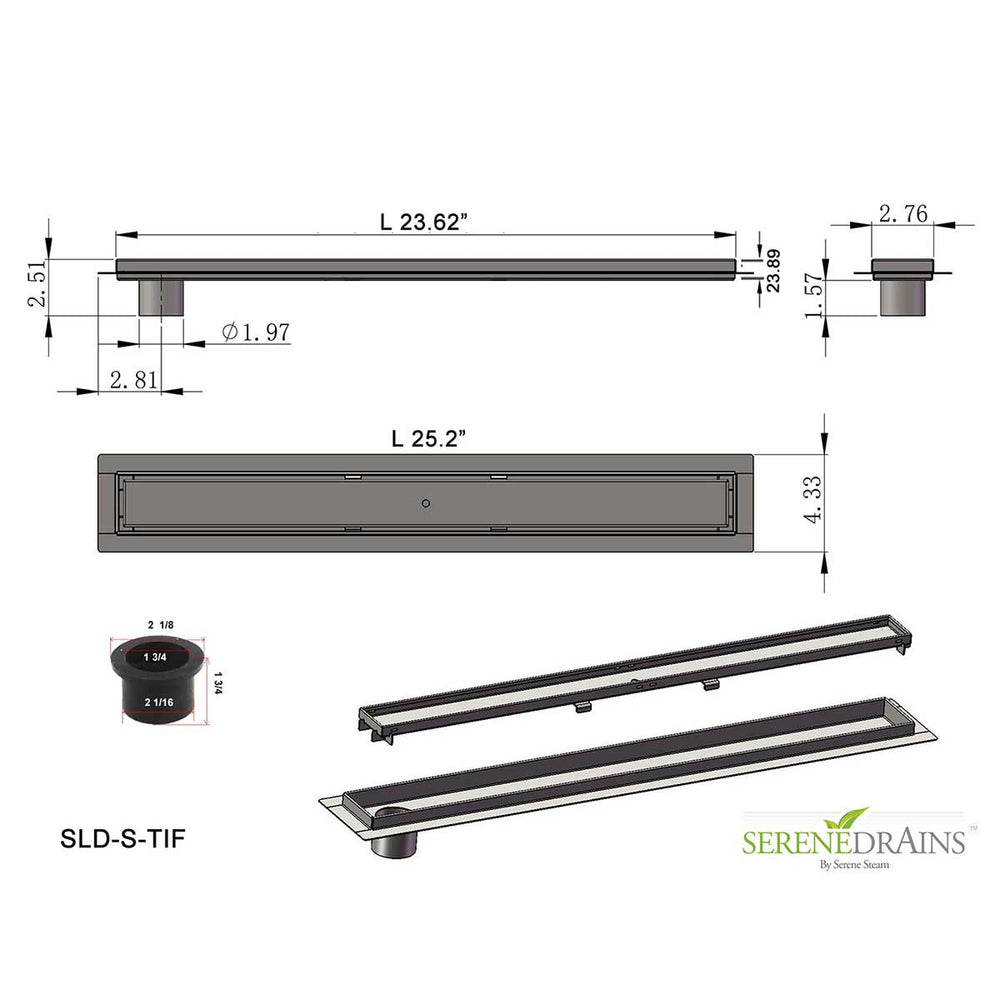 SereneDrains Linear Shower Drain Offset Outlet Tile Insert - Brushed 24