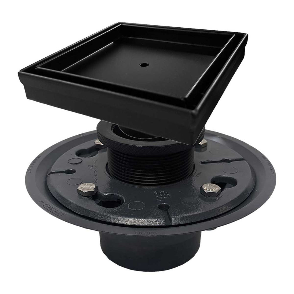SereneDrains Square Shower Drain Kit with Base - Tile Insert - Matte Black - 5 Inch