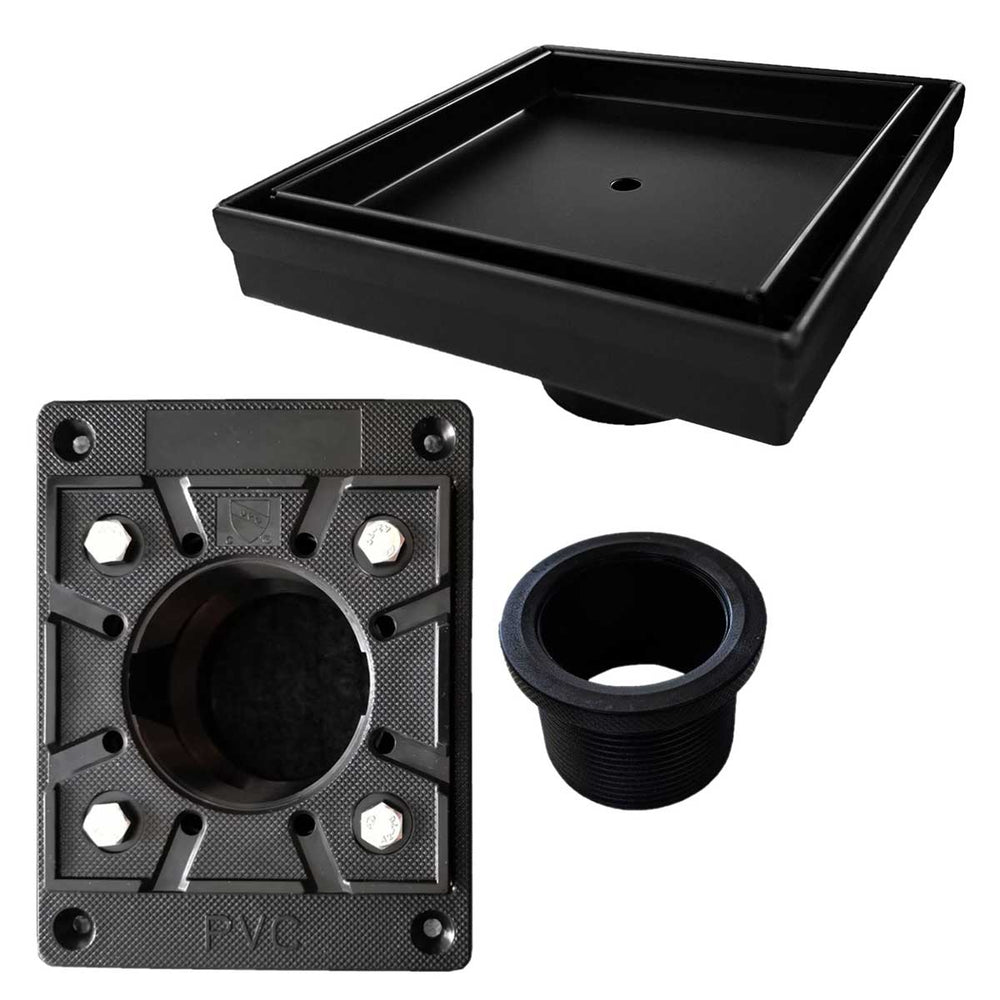SereneDrains Square Shower Drain Kit with Base - Tile Insert - Matte Black - 5 Inch