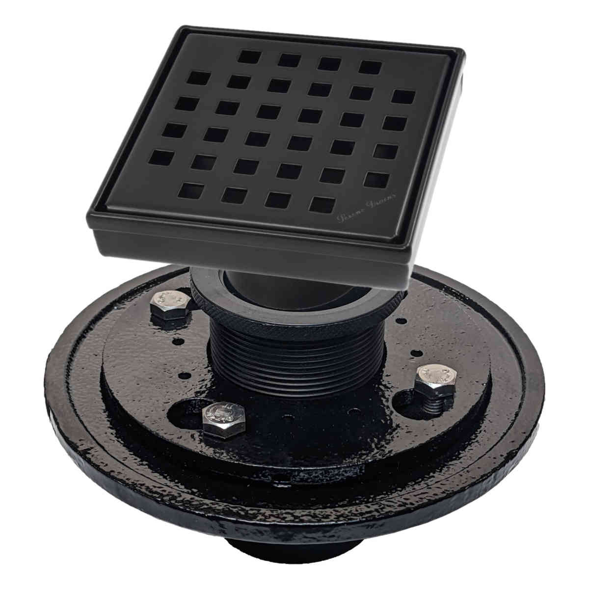 SereneDrains Square Shower Drain Kit with Base - Traditional Square - Matte Black - 4 Inch Cast Iron