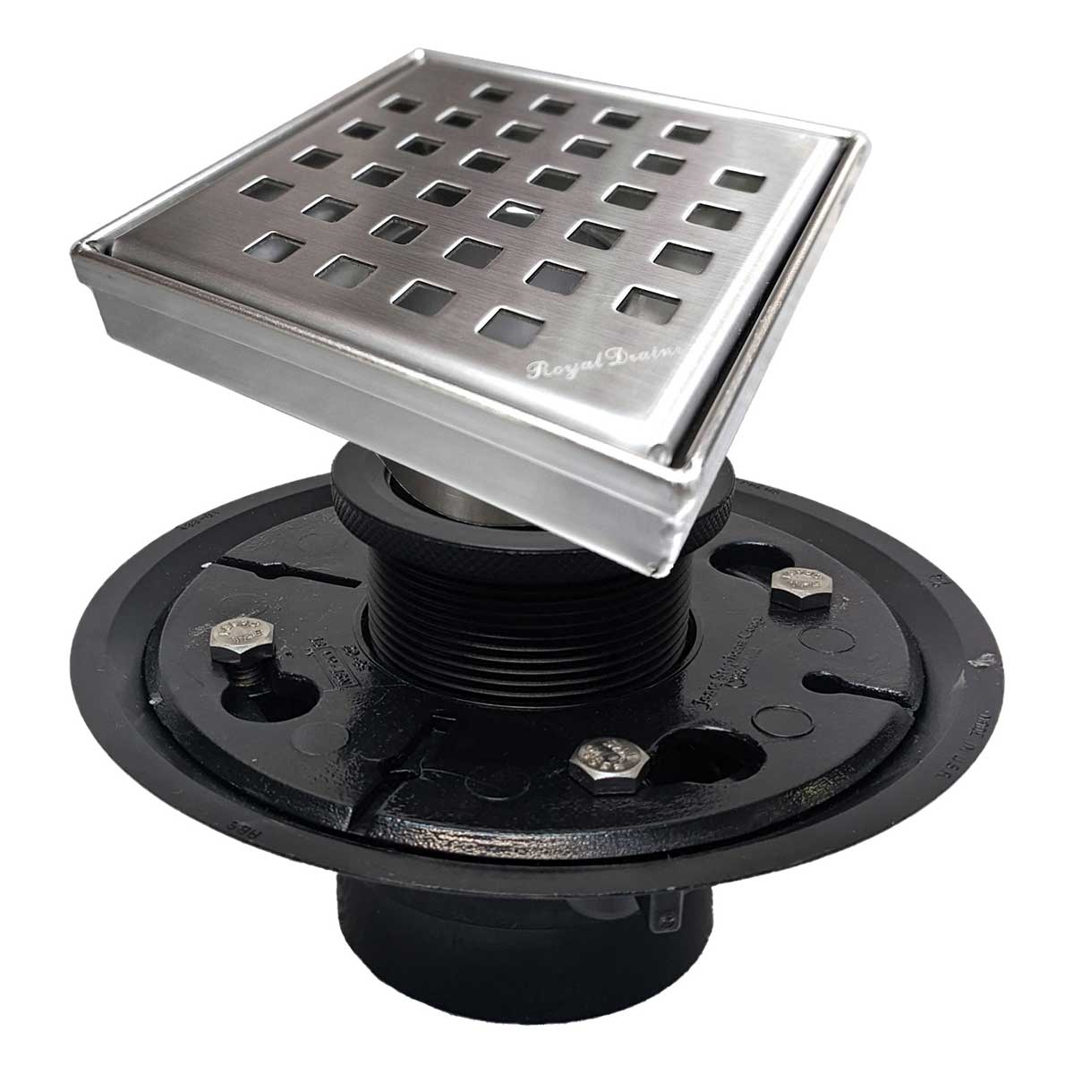 SereneDrains Square Shower Drain Kit with Base - Traditional Square - Brushed Nickel - 4 Inch