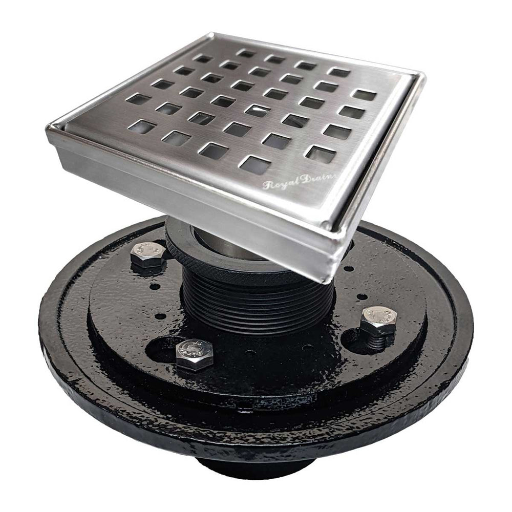 SereneDrains Square Shower Drain Kit with Base - Traditional Square - Brushed Nickel - 4 Inch