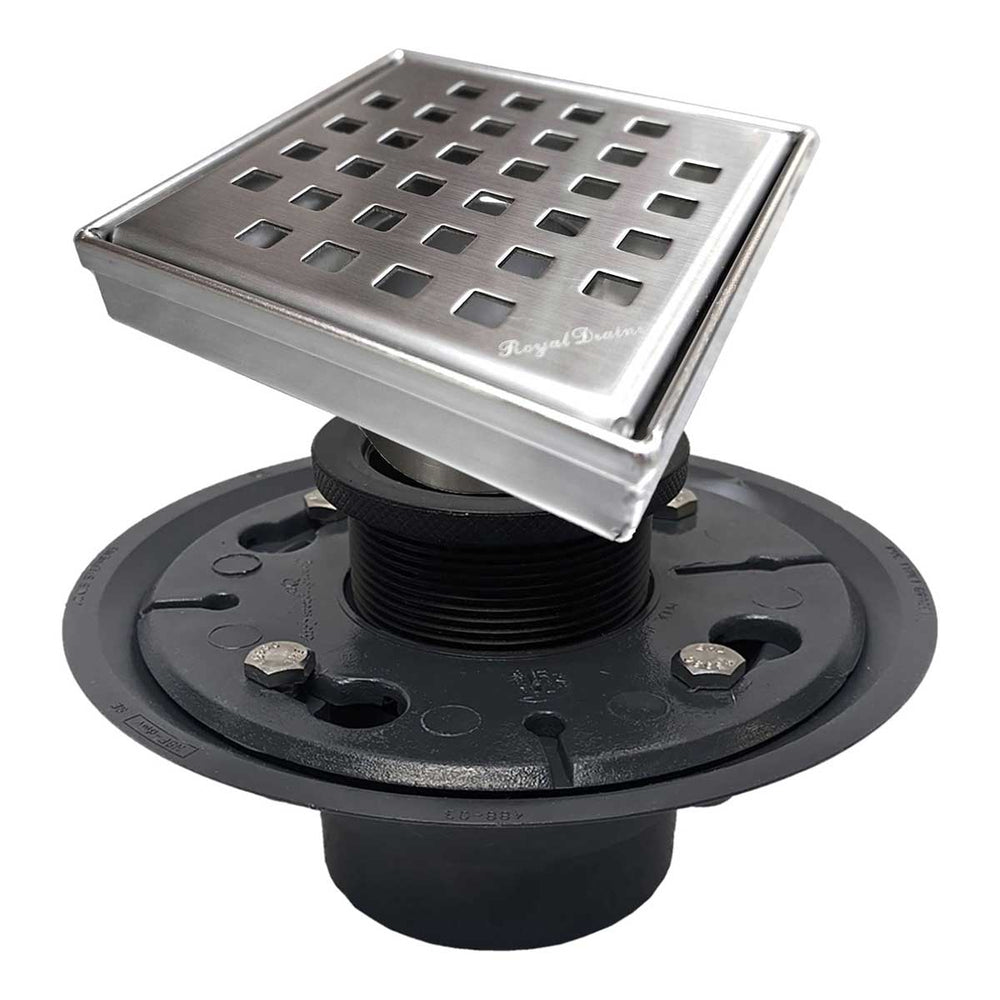 SereneDrains Square Shower Drain Kit with Base - Traditional Square - Brushed Nickel - 4 Inch