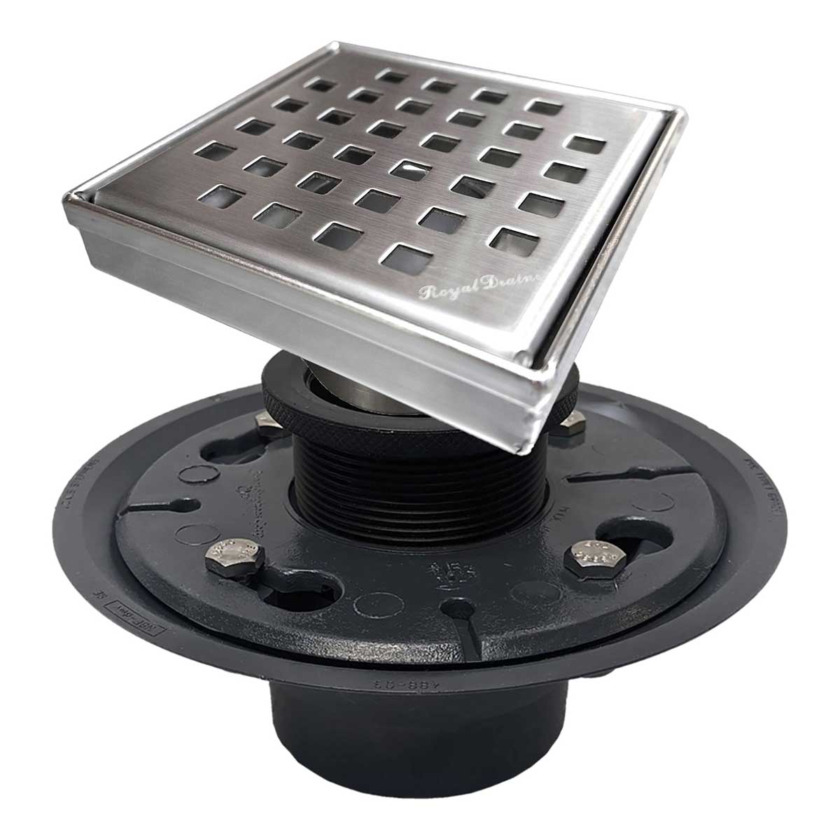 SereneDrains Square Shower Drain Kit with Base - Traditional Square - Brushed Nickel - 4 Inch