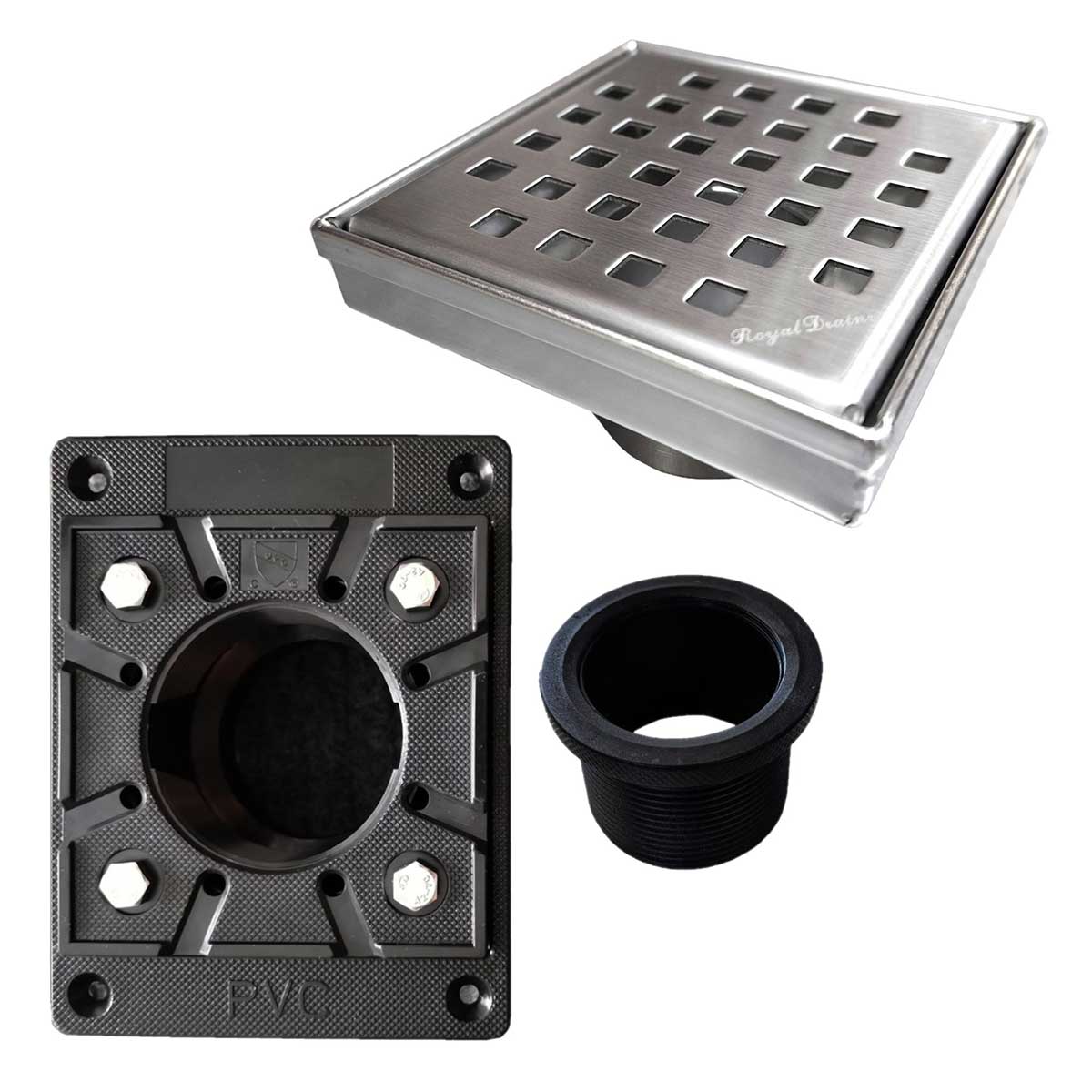 SereneDrains Square Shower Drain Kit with Base - Traditional Square - Brushed Nickel - 4 Inch