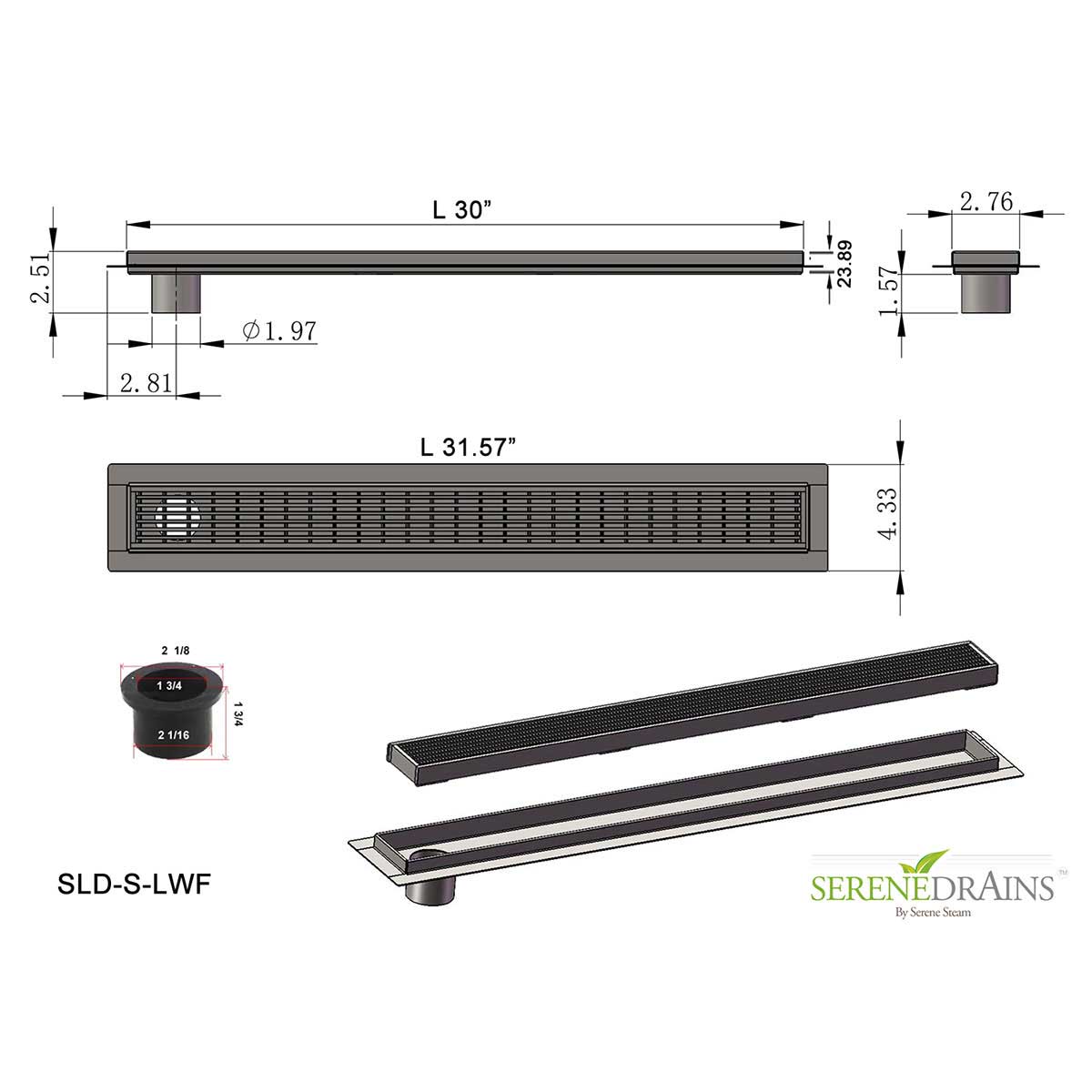 SereneDrains Linear Shower Drain Offset Outlet Linear Wedge - 30