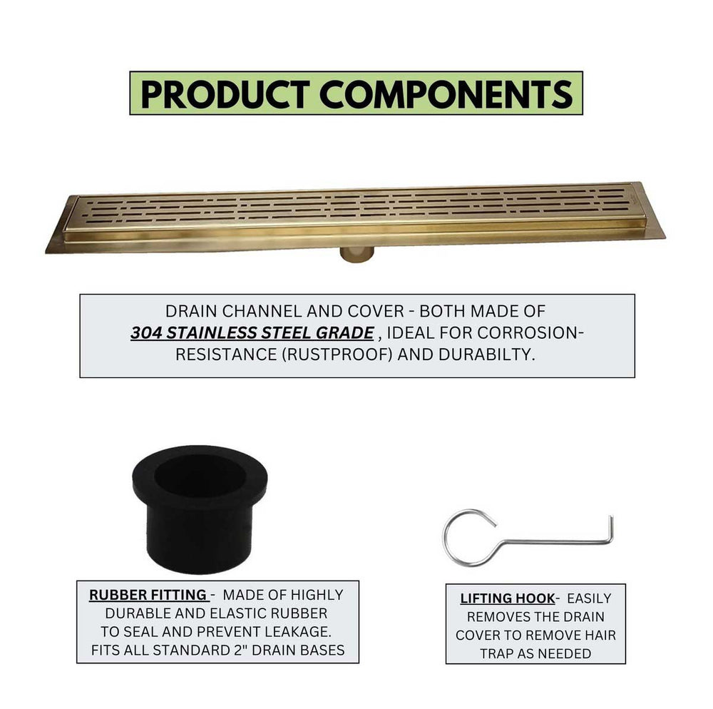 Product components of a drain system with text on material and features.