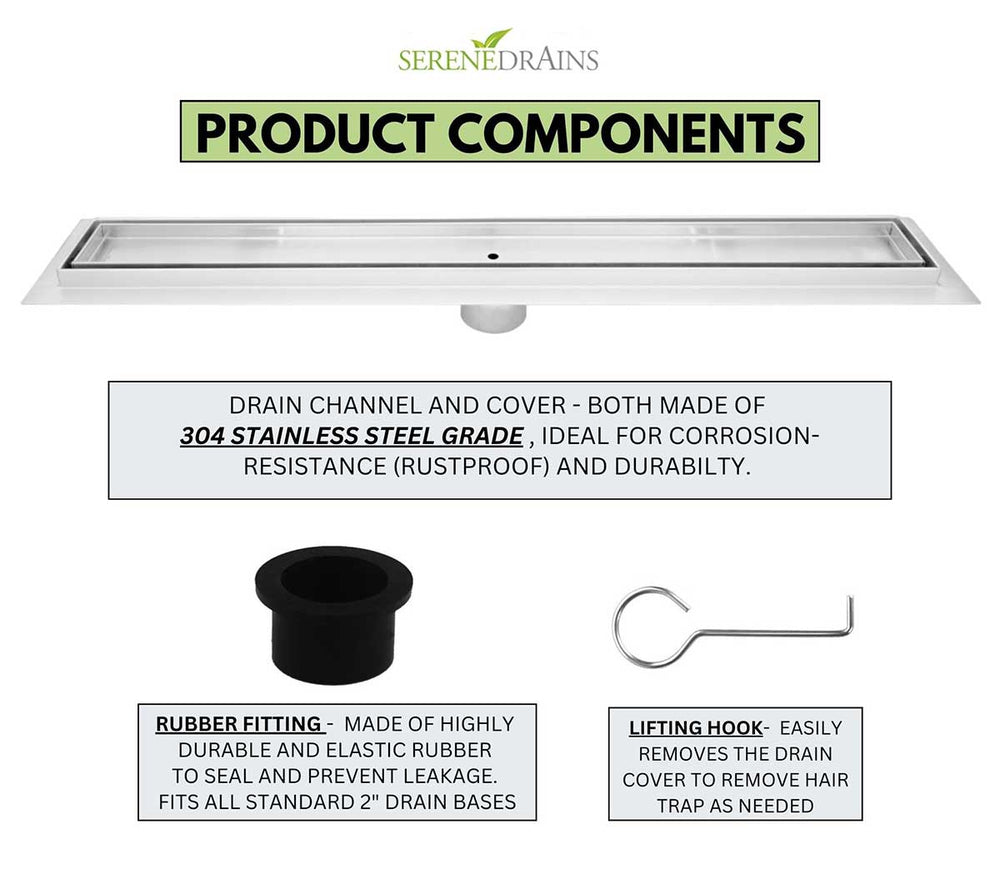 Serenedrains product components including drain channel, cover, rubber fitting, and lifting hook on a white background.