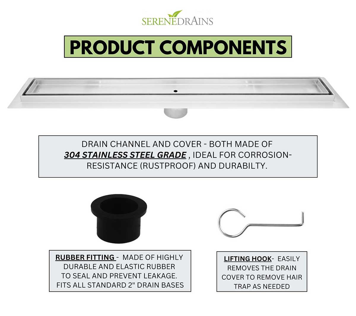 Serenedrains product components including drain channel, cover, rubber fitting, and lifting hook on a white background.