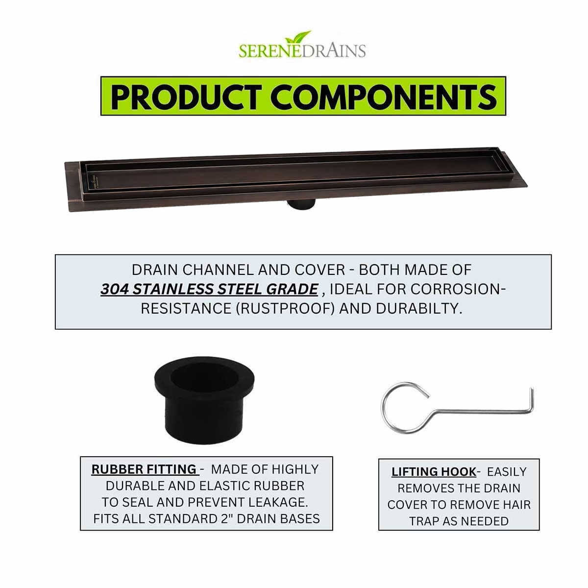 Product Components of Serene Drains Linear Shower Drain - Tile Insert Oil Rubbed Bronze
