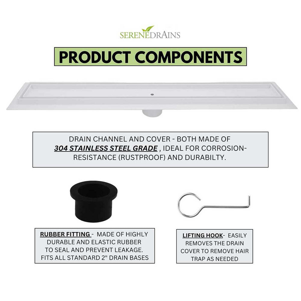 Product components of Serene Linear Drains Tile insert in matte white