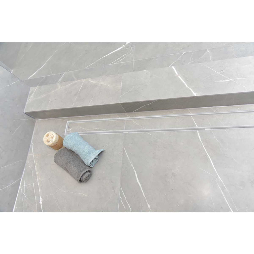 Serene Linear Drain Tile Insert Matte  White over Grey Porcelain Tile