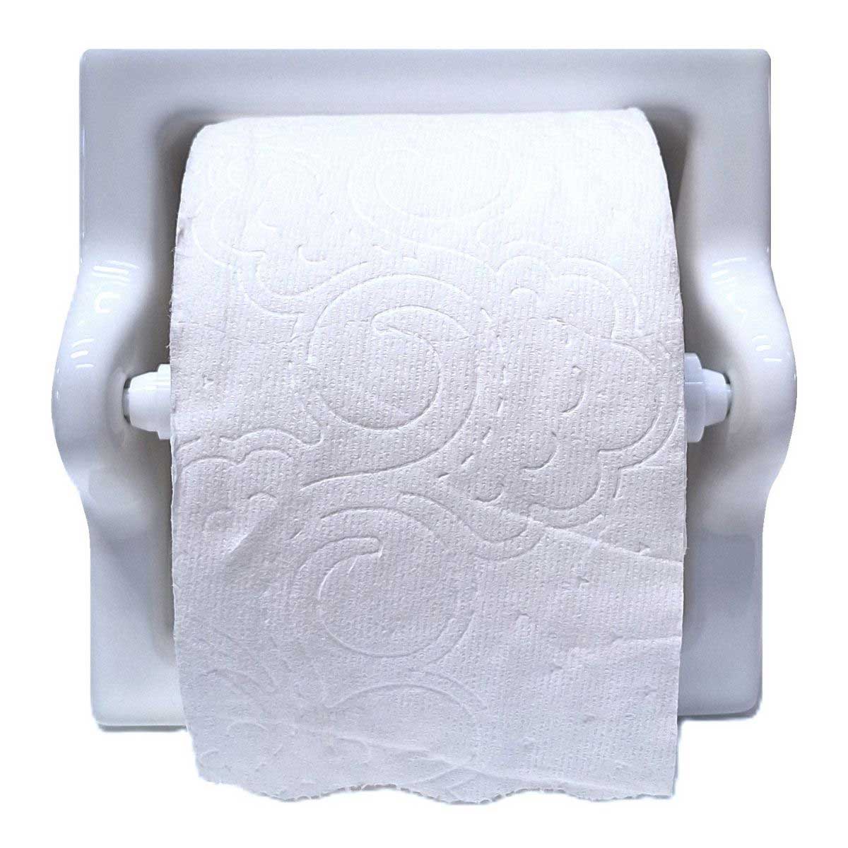 SereneDrains Ceramic Recessed Toilet Paper Holder White Glossy Extended Extra Large with Bathroom Tissue Roll
