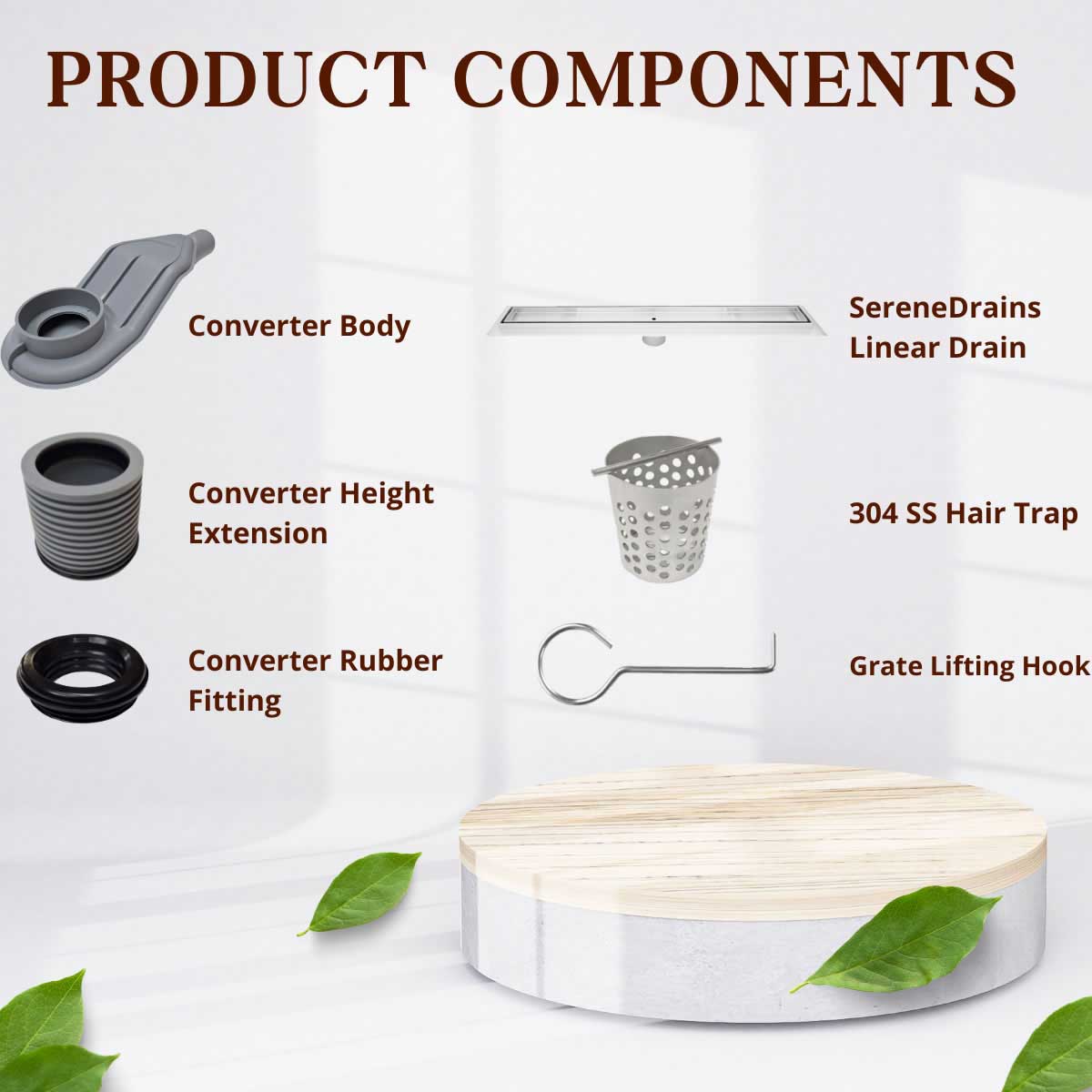 SereneDrains Wow Drain TM Side Discharge Outlet with 4 Inch Square Shower Drain Horizontal Low Profile