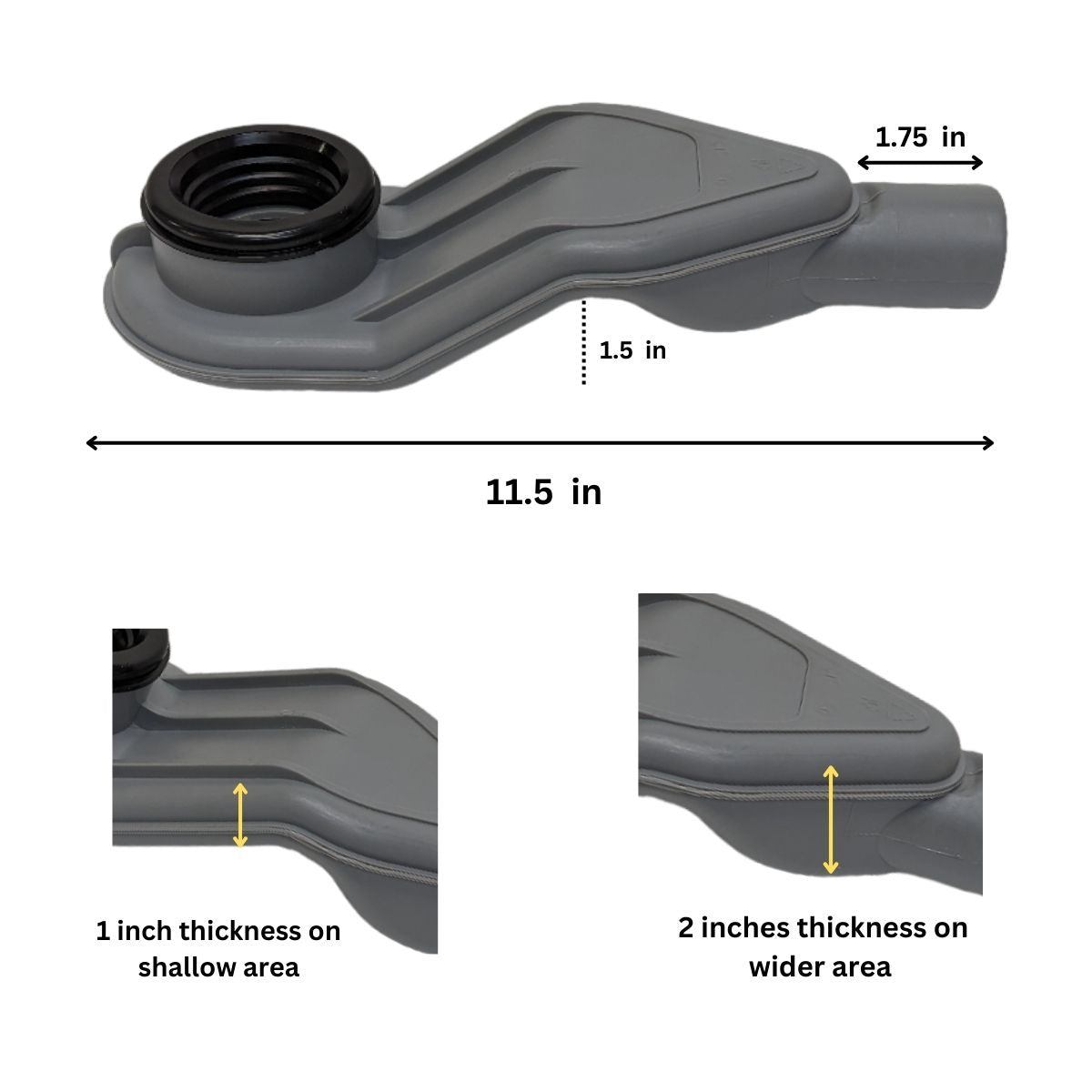 SereneDrains Wow Drain TM Side Discharge Outlet with 4 Inch Square Shower Drain Horizontal Low Profile