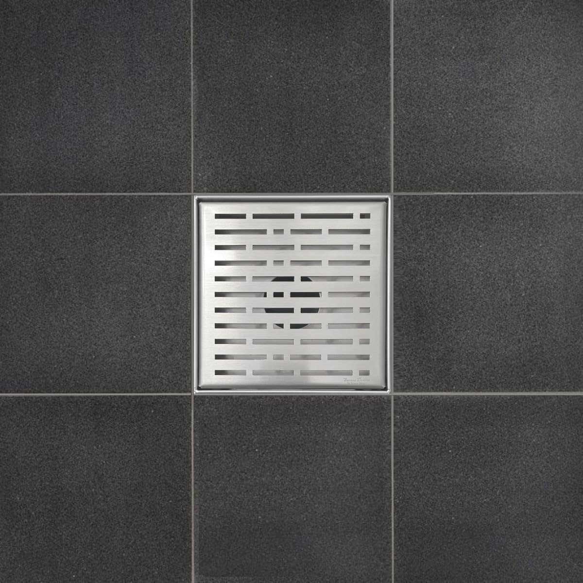 SereneDrains Wow Drain TM Side Discharge Outlet with 4 Inch Square Shower Drain Horizontal Low Profile