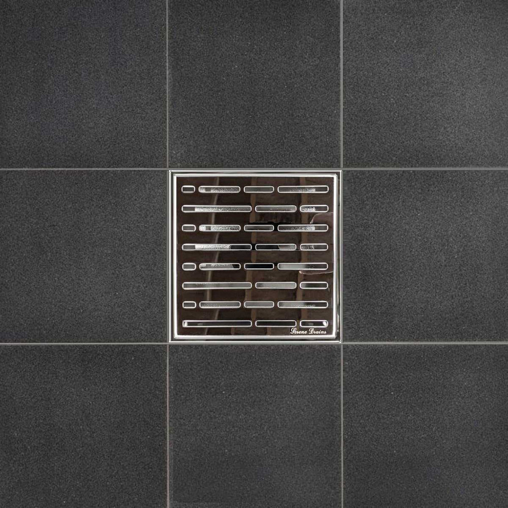 SereneDrains Square shower drain with decorative cover on a floor tile