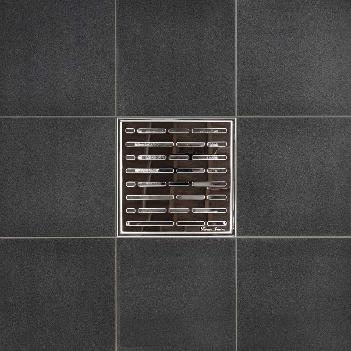 SereneDrains Wow Drain TM Side Discharge Outlet with 4 Inch Square Shower Drain Horizontal Low Profile