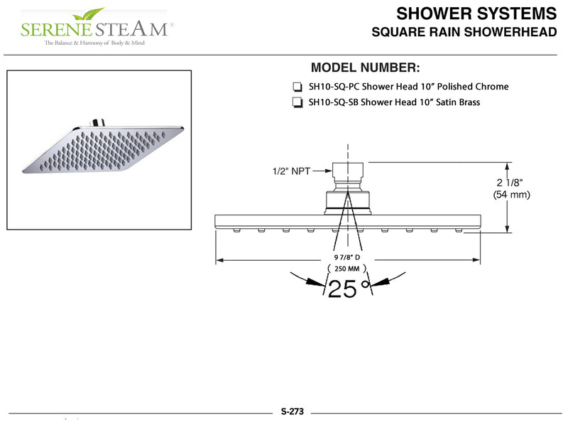 Ultra-Thin Square Rain Shower Head 10 inch by Serene Steam