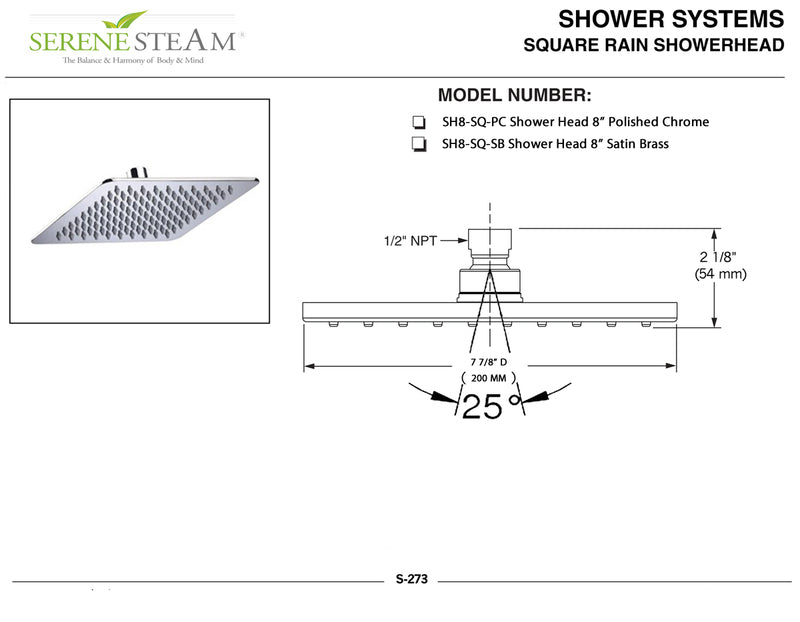 Ultra-Thin Square Rain Shower Head 8 inch by Serene Steam
