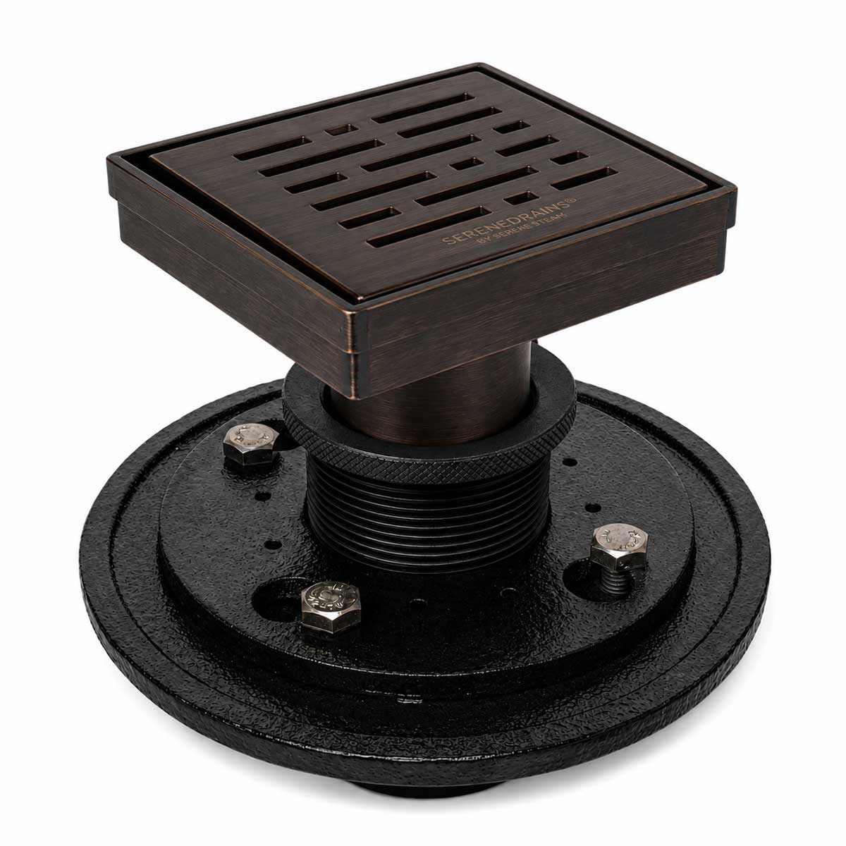 SereneDrains 4 inch square broken lane shower drain kit in Oil Rubbed Bronze with cast iron drain