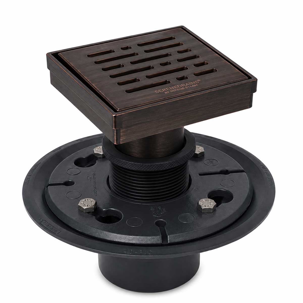 SereneDrains 4 inch square broken lane shower drain kit in Oil Rubbed Bronze with PVC drain