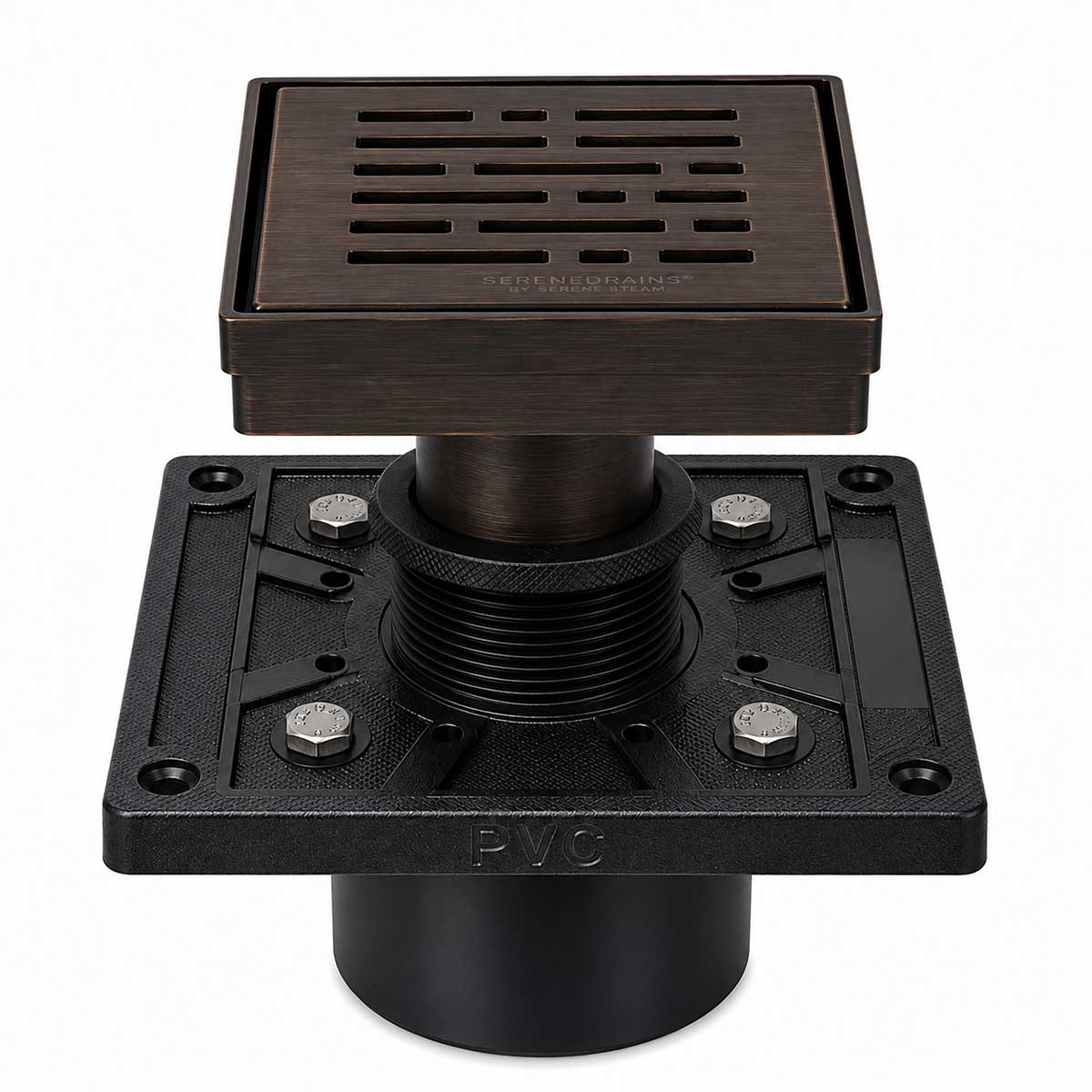 SereneDrains 4 inch square broken lane shower drain kit in Oil Rubbed Bronze with square PVC drain