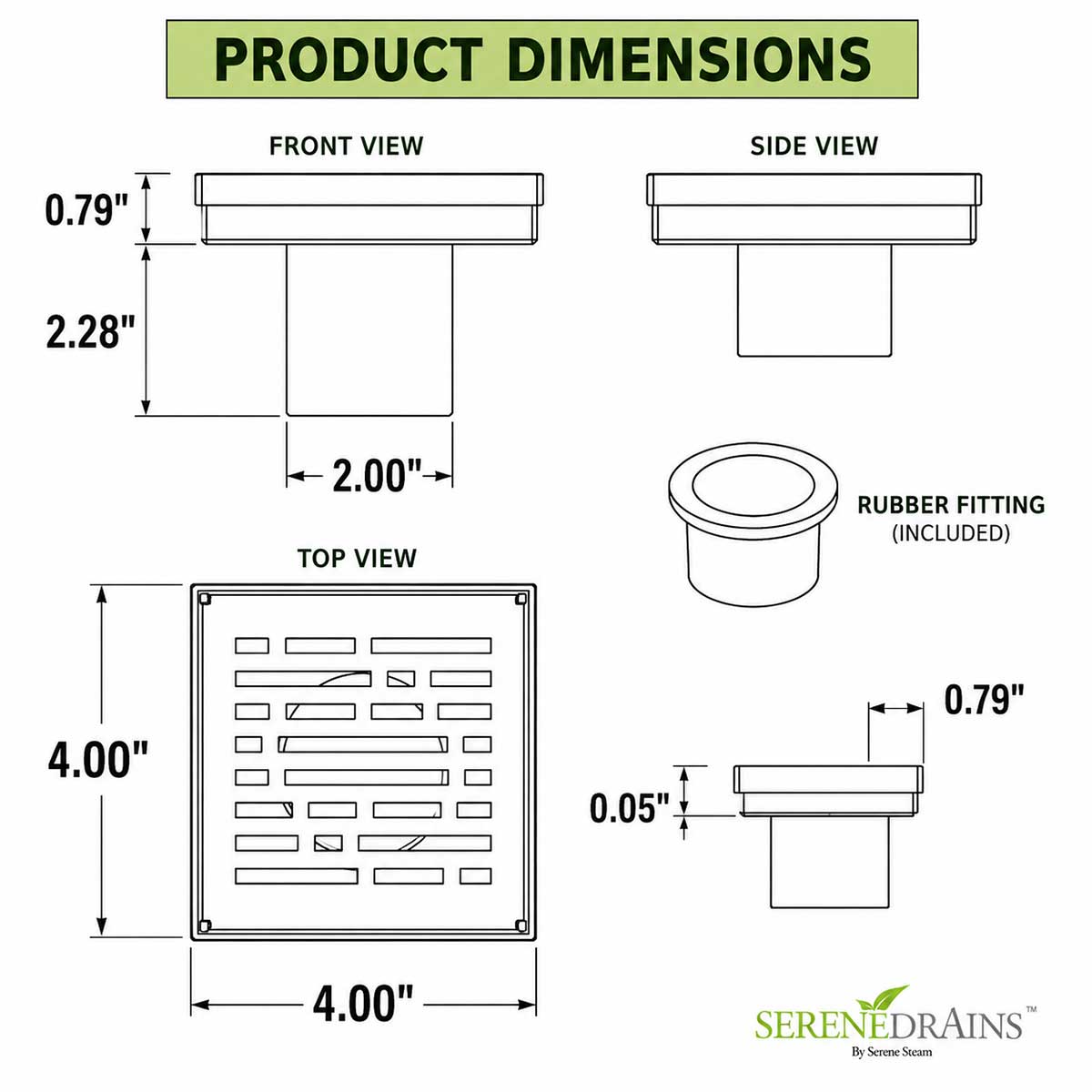 4x4 square shower drain dimensions with 2 inch outlet and rubber fitting