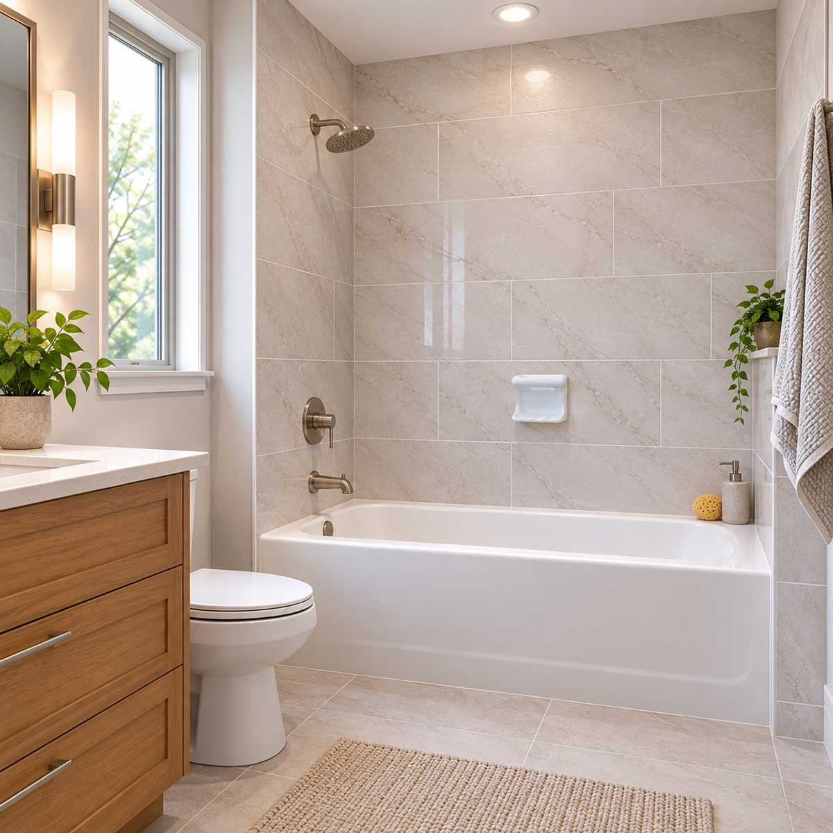 SereneDrains ceramic wash cloth soap dish installed above a bathtub in a tiled bathroom