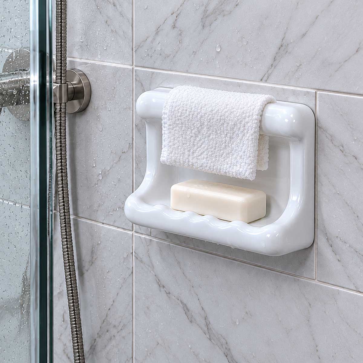SereneDrains ceramic wash cloth soap dish close-up with wash cloth bar and soap in shower