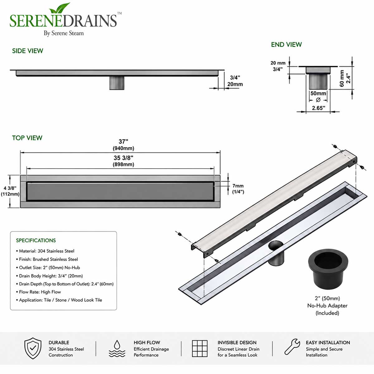 Invisible Linear Shower Drain Technical Drawing with Dimensions 35 inch