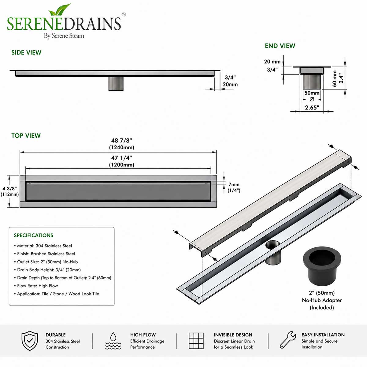 Invisible Linear Shower Drain Technical Drawing with Dimensions 47 inch