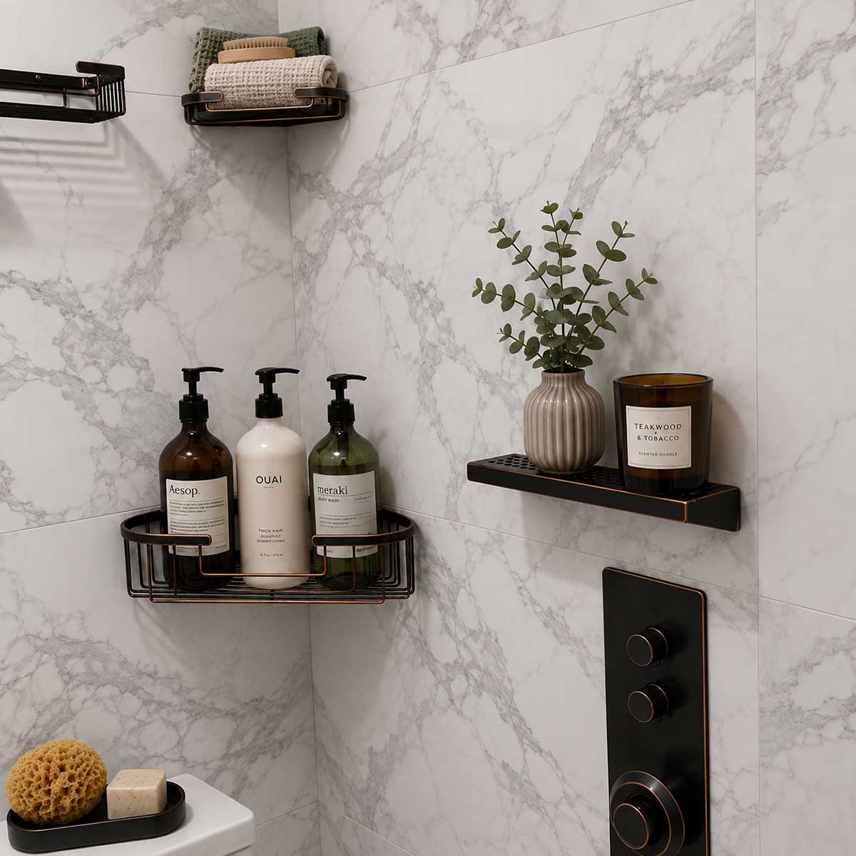 Serene Rectangle shower shelf in Oil Rubbed Bronze finish with shower essentials
