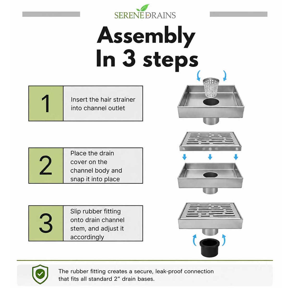 SereneDrains square shower drain 3-step assembly guide
