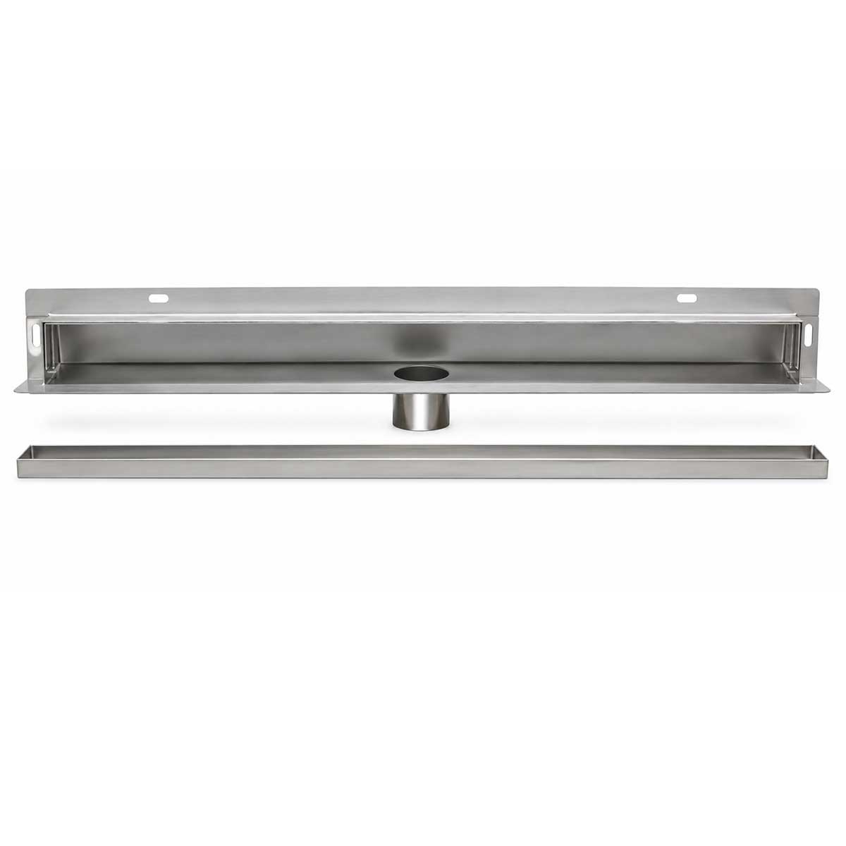 Wall mount linear shower drain with center outlet stainless steel drain body