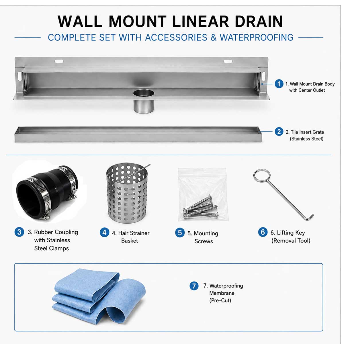 Wall mount linear shower drain complete set with stainless steel grate, coupling, hair strainer, mounting screws, lifting key and waterproofing membrane