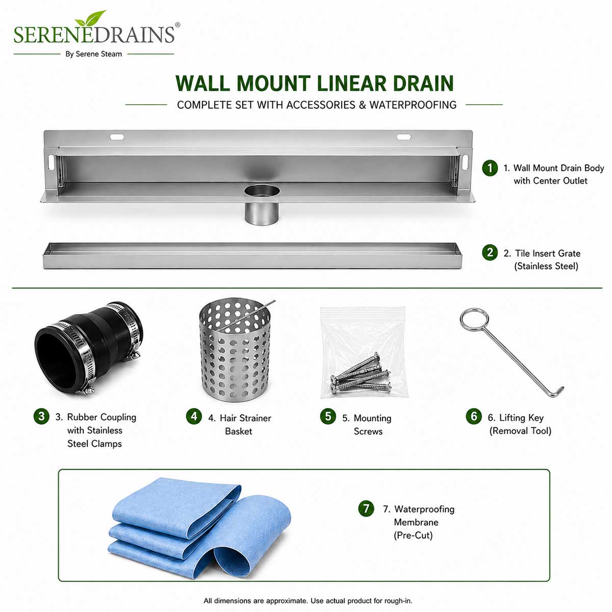 Wall mount linear shower drain complete set with stainless steel grate, coupling, hair strainer, mounting screws, lifting key and waterproofing membrane