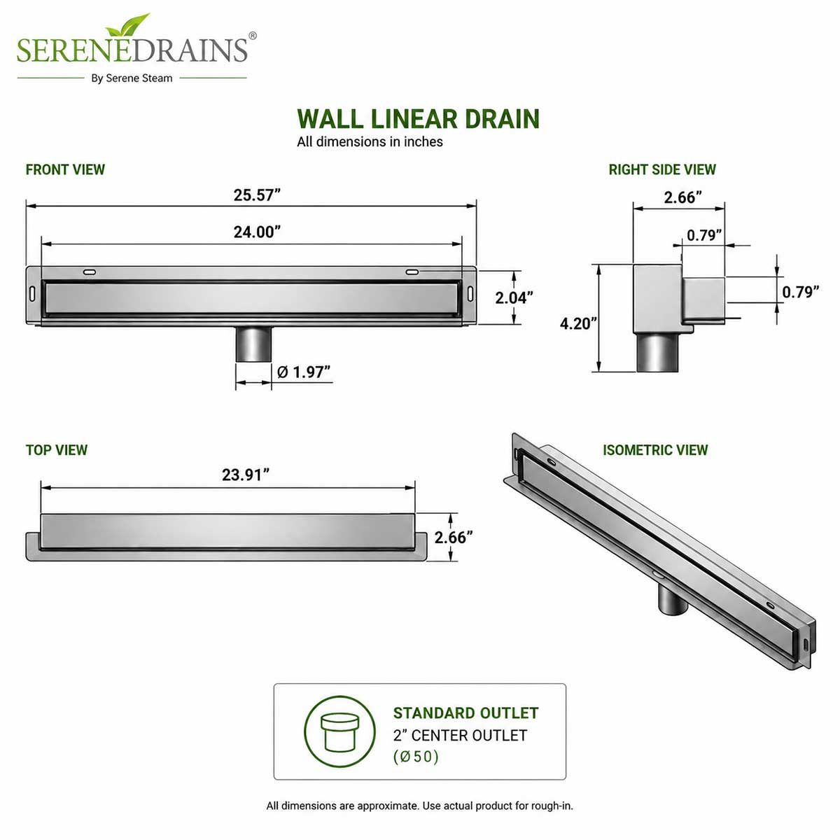 SereneDrains 24 inch wall linear shower drain dimensions and specifications diagram