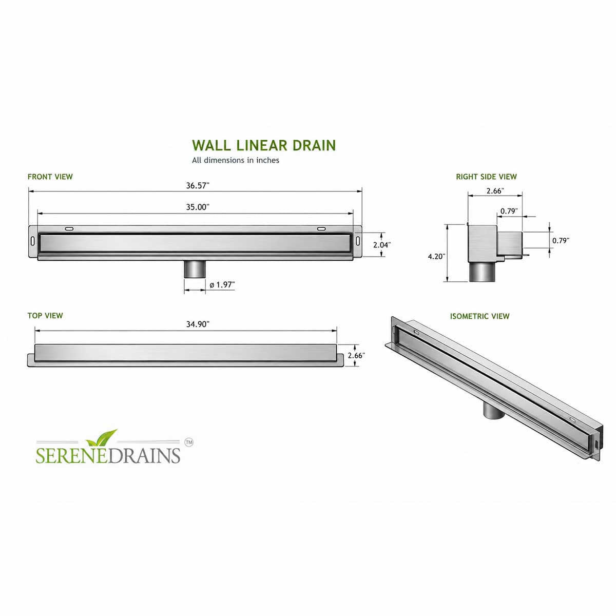 SereneDrains 35 inch wall linear shower drain dimensions and specifications diagram
