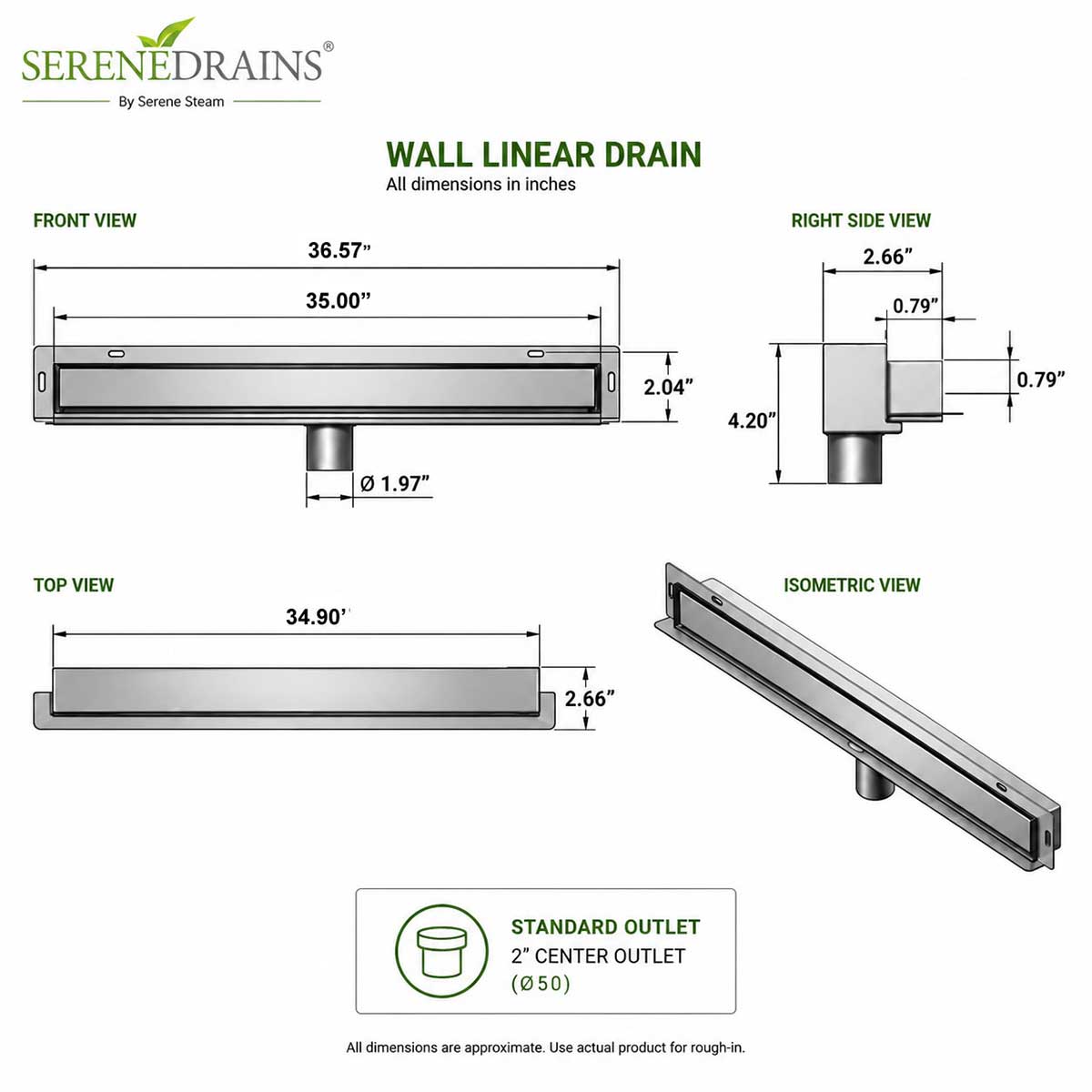 SereneDrains 35 inch wall linear shower drain dimensions and specifications diagram
