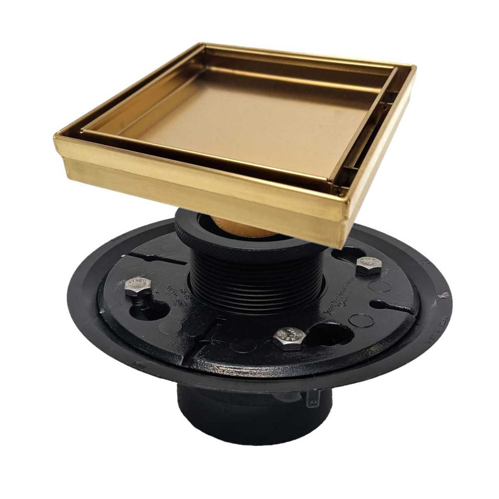 SereneDrains Square Shower Drain Kit with rough drain Base Tile Insert  Matte Gold
