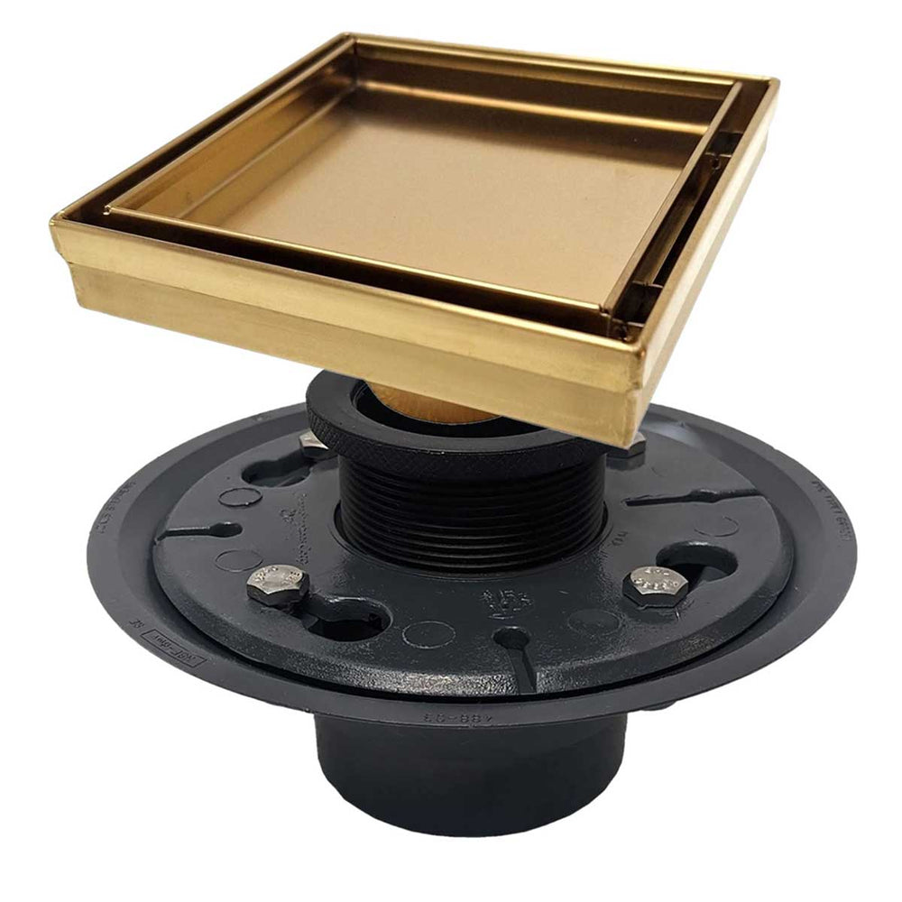 SereneDrains Square Shower Drain Kit with rough drain Base Tile Insert  Matte Gold