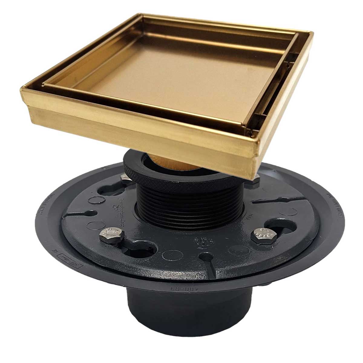 SereneDrains Square Shower Drain Kit with rough drain Base Tile Insert  Matte Gold