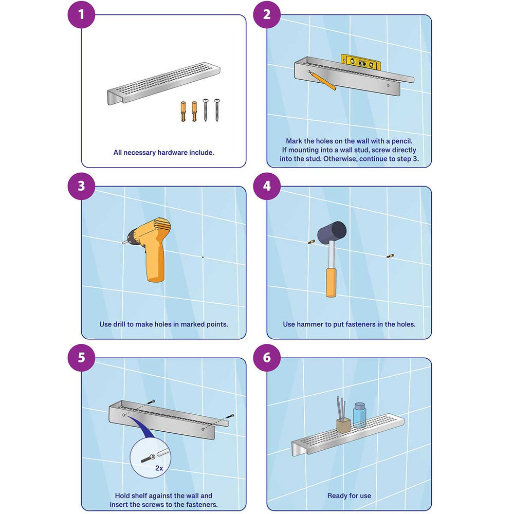 Step-by-step installation guide for a wall-mounted shelf with tools and hardware.