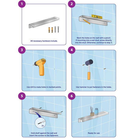 Step-by-step installation guide for a wall-mounted shelf with tools and hardware.