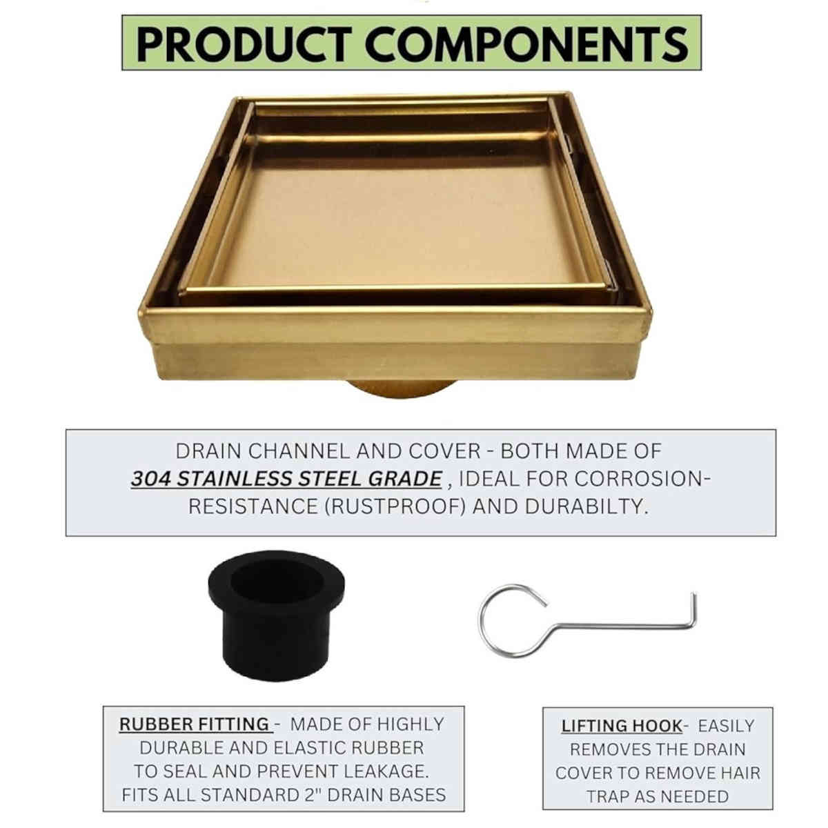 Serene Drains Square Shower Drain Tile Insert Gold 5 Inch