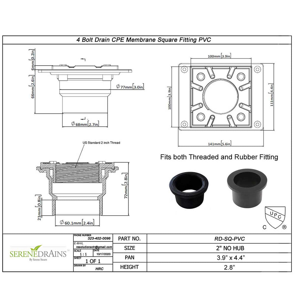 SereneDrains Square PVC 2 Inch Shower Drain Base for Linear Square Shower Drains