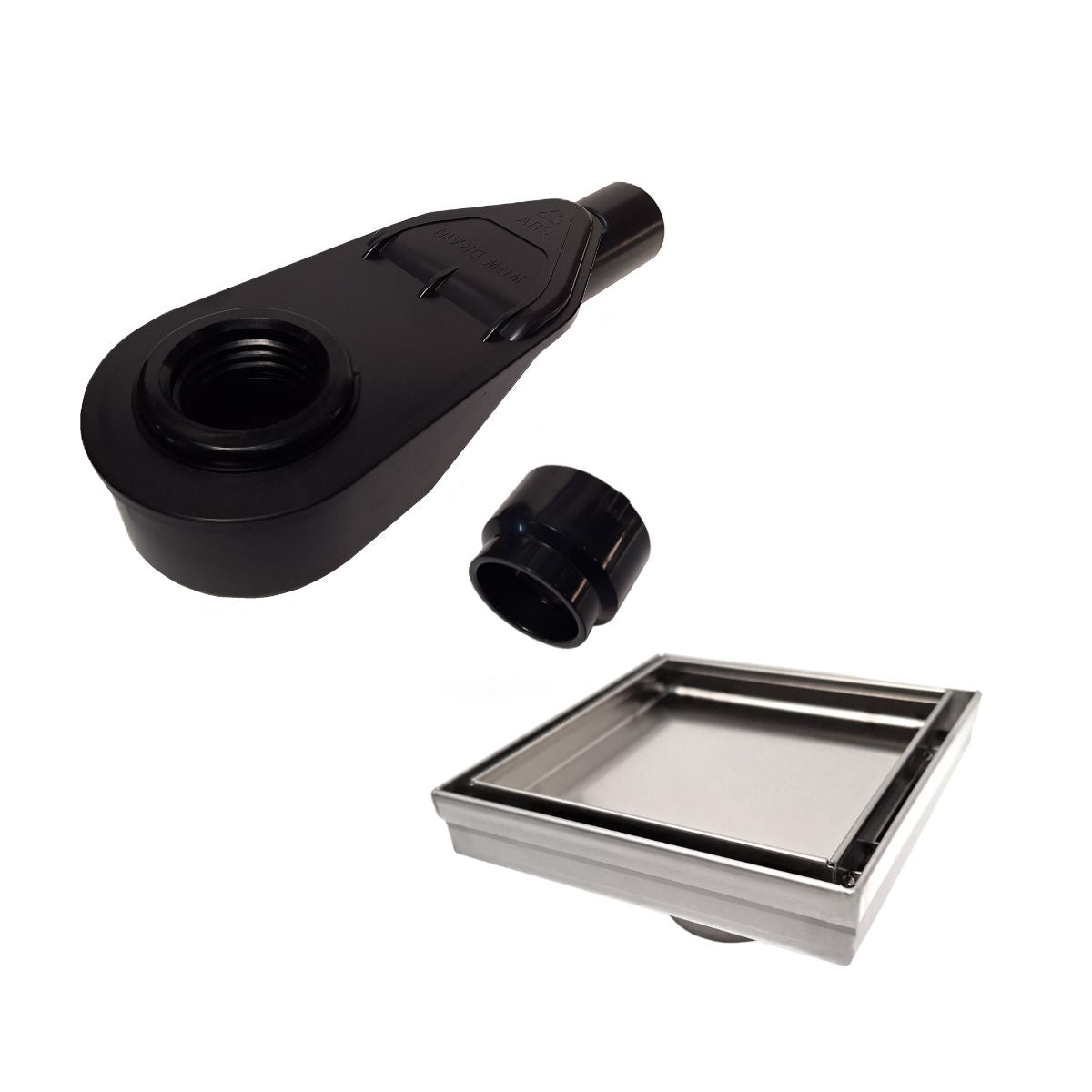 SereneDrains ABS Horizontal Side Discharge Outlet with Tile In Square Shower Drain Low Profile Assembly Reducer PVC Base Pipe Fitting P Trap