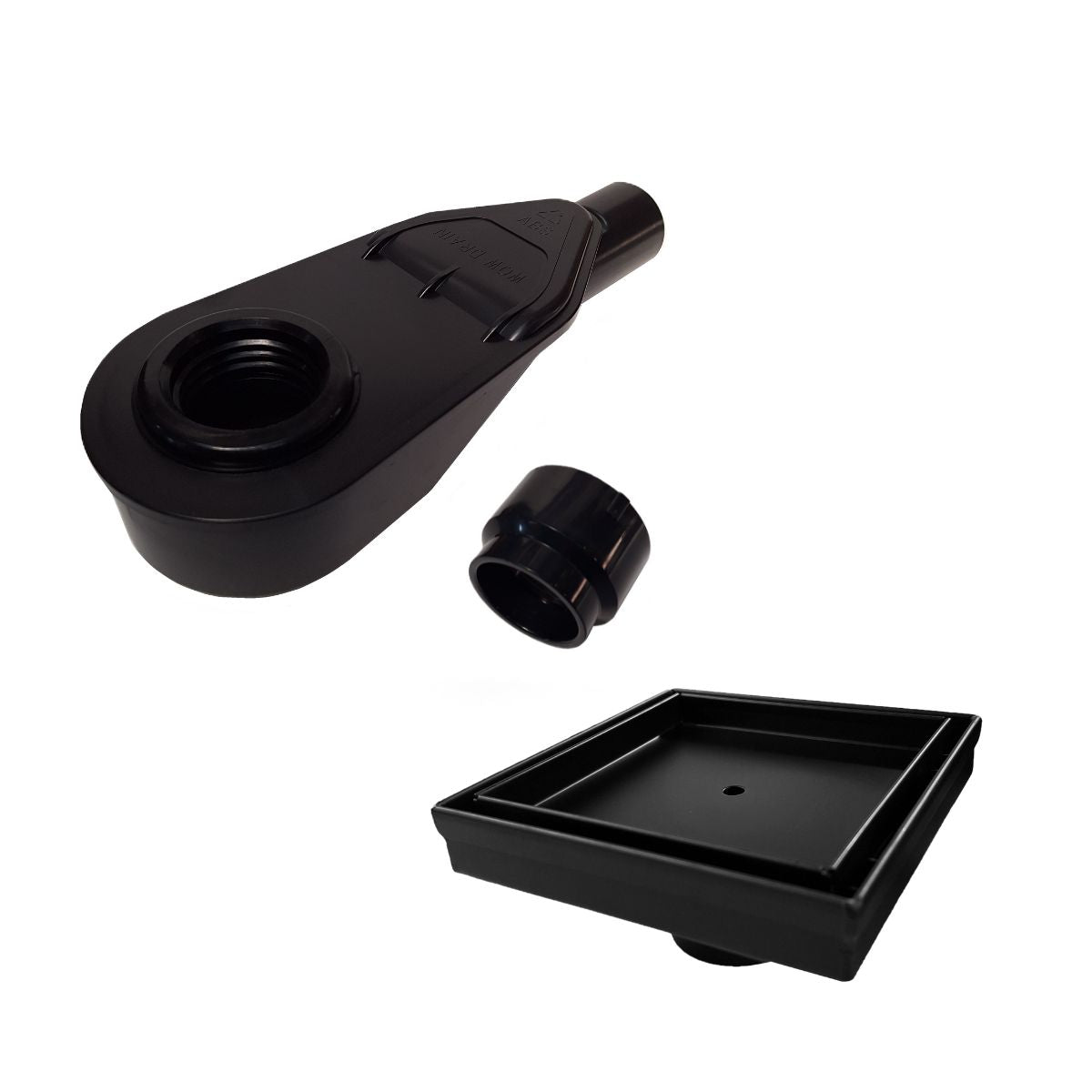 SereneDrains ABS Horizontal Side Discharge Outlet with Tile In Square Shower Drain Low Profile Assembly Reducer PVC Base Pipe Fitting P Trap